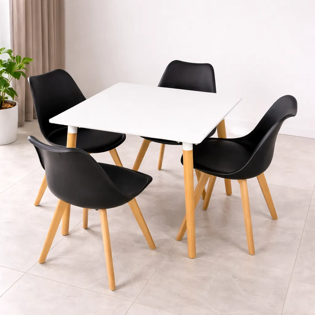 Ensemble Salle à Manger Scandinave Moderne – Table Carrée Blanche avec 4 Chaises Noires