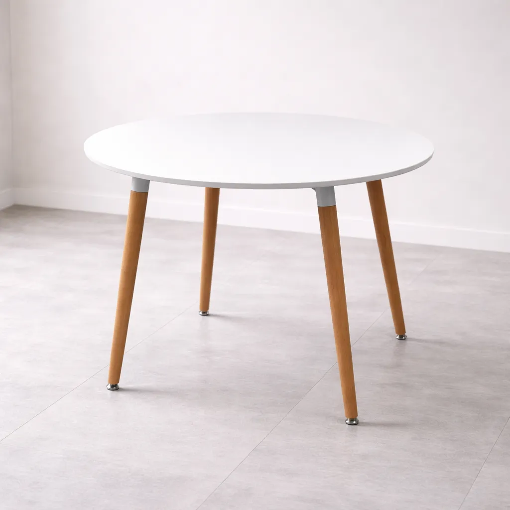 Table Ronde Scandinave Moderne – Table à Manger Blanche Pieds Bois Naturel