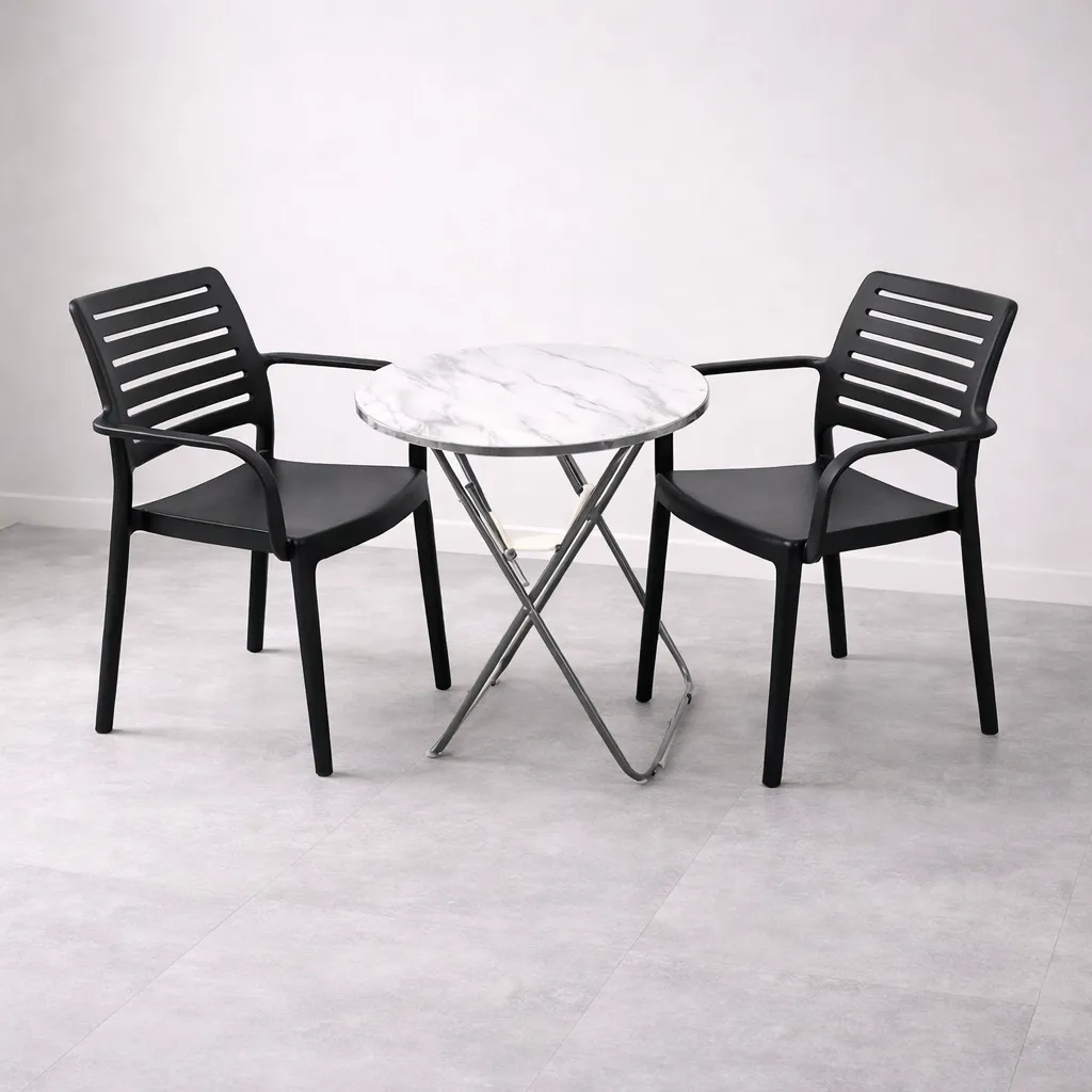 Ensemble Table Bistrot Moderne – Table Ronde Effet Marbre avec des Chaises Noires