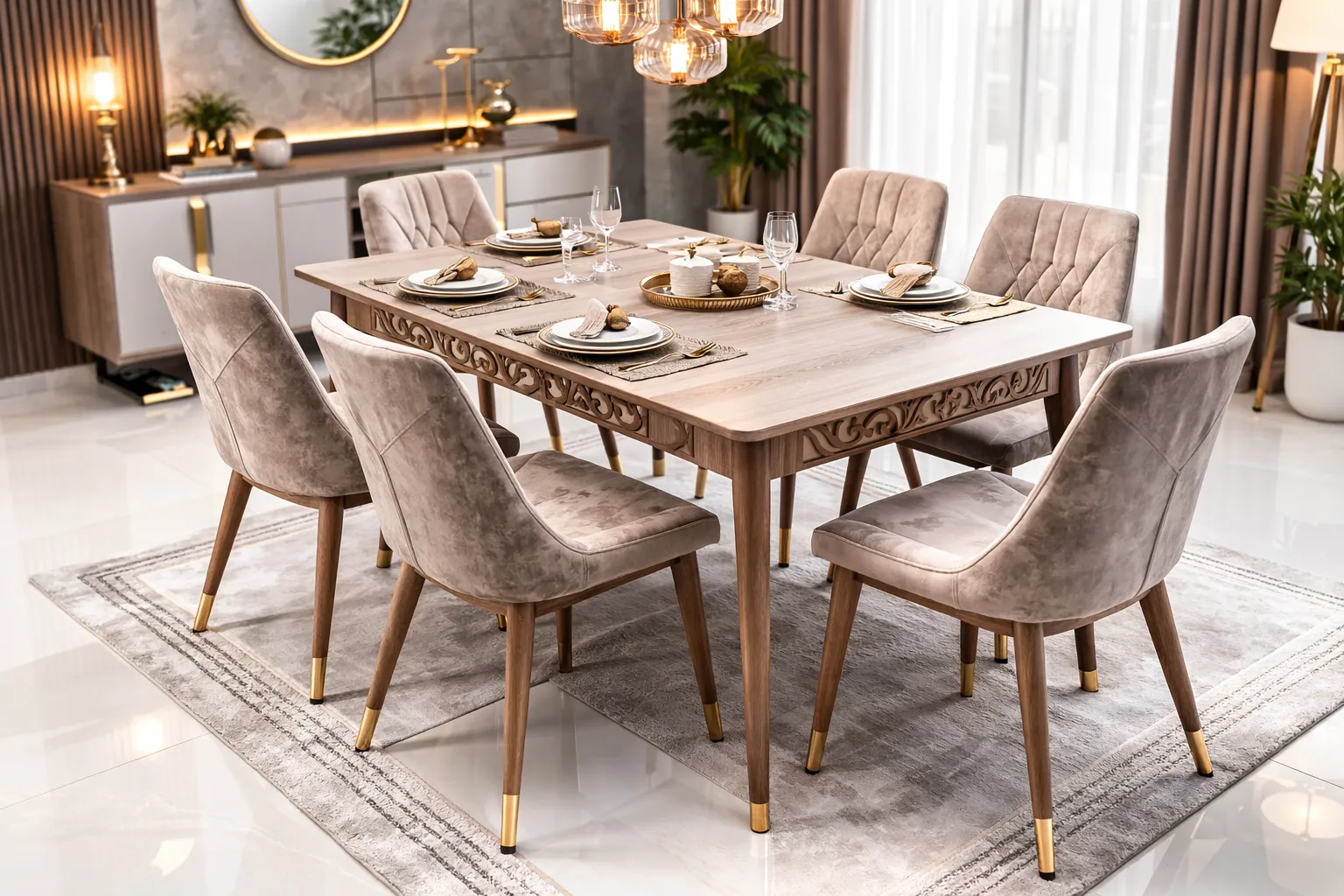 Table  à Manger Extensible  – Table Design Bois avec des Chaises Rembourrées