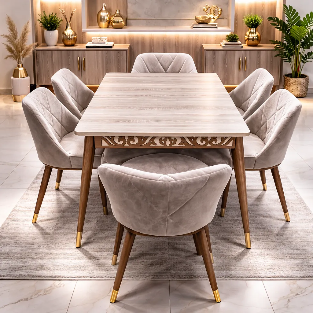 Table  à Manger Extensible  – Table Design Bois avec des Chaises Rembourrées