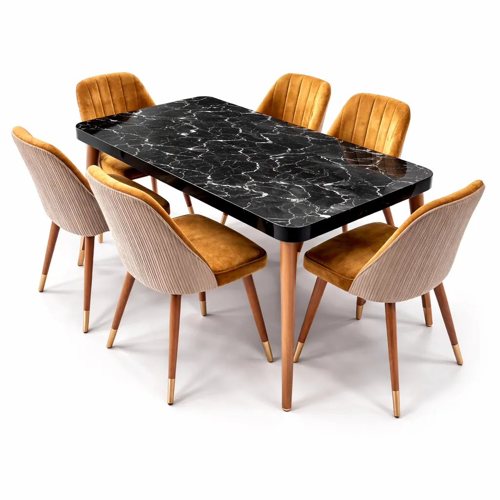 Ensemble Salle à Manger extensible Effet Marbre Noir – Table Rectangulaire Design avec Chaises Velours Jaune