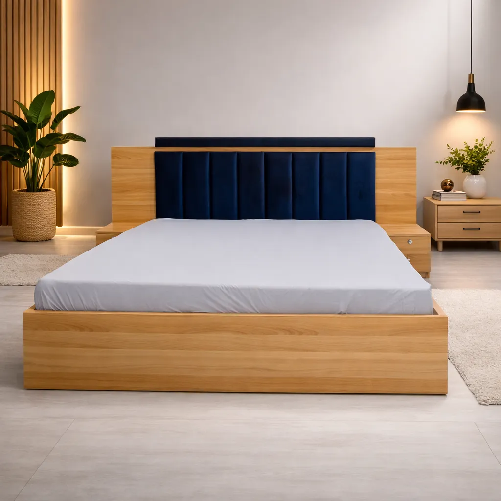 Lit moderne 2,5 Place ( 160/190cm)  en bois clair avec tête capitonnée bleu royal – Design contemporain haut de gamme
