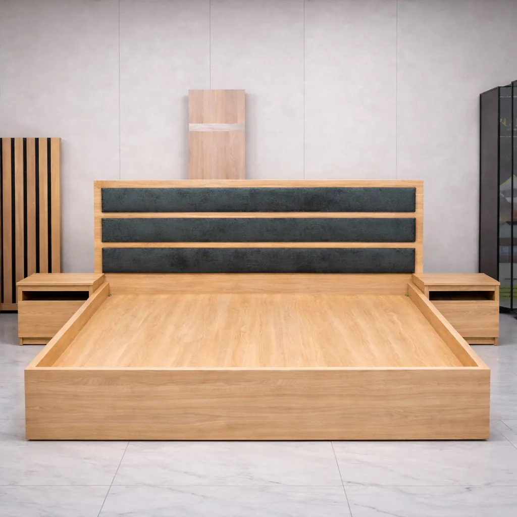 Lit moderne 3 Place 180/190cm en bois  avec tête capitonnée + 2 Tiroirs