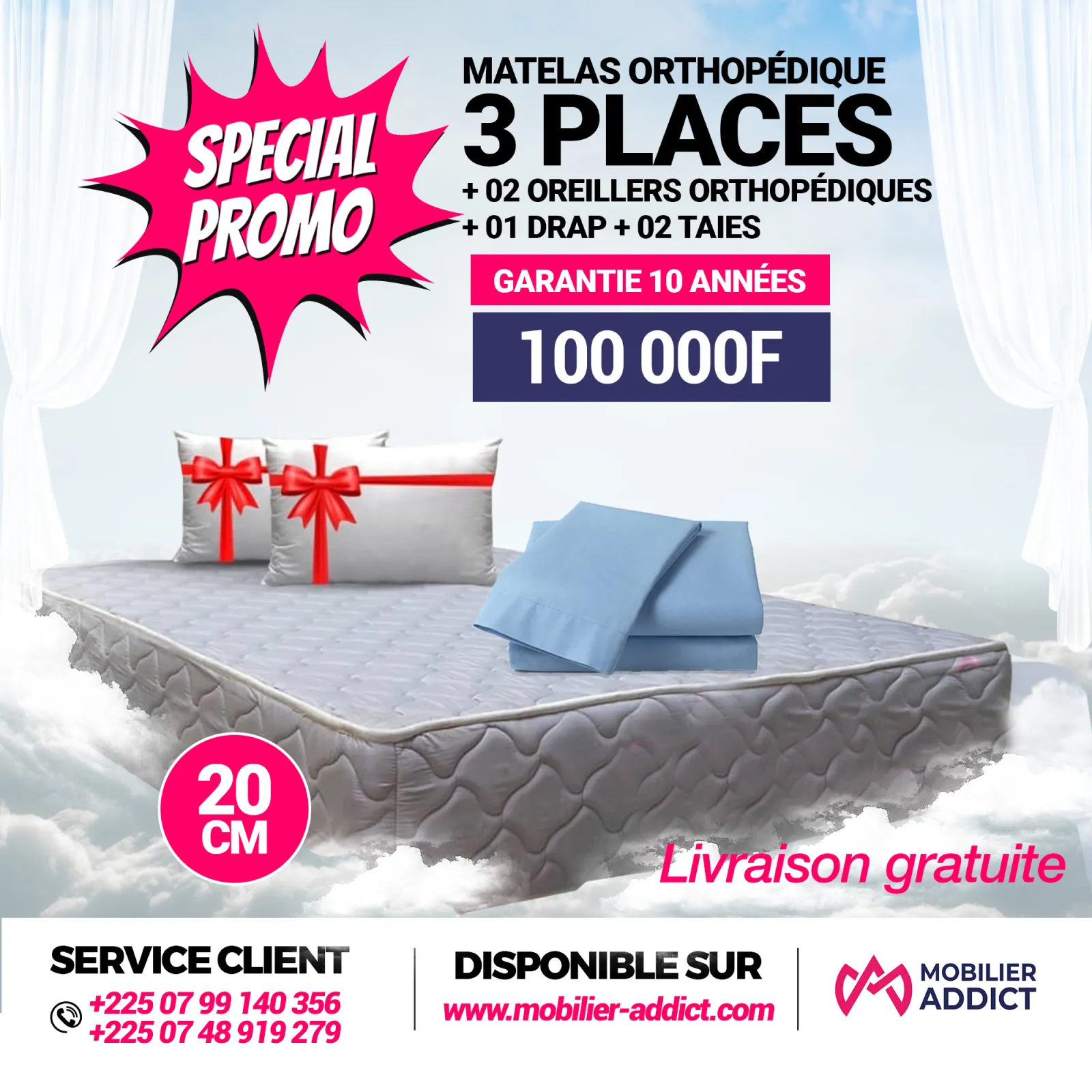 Matelas PH10 +2 oreillers + 01 Drap + 2 Taies