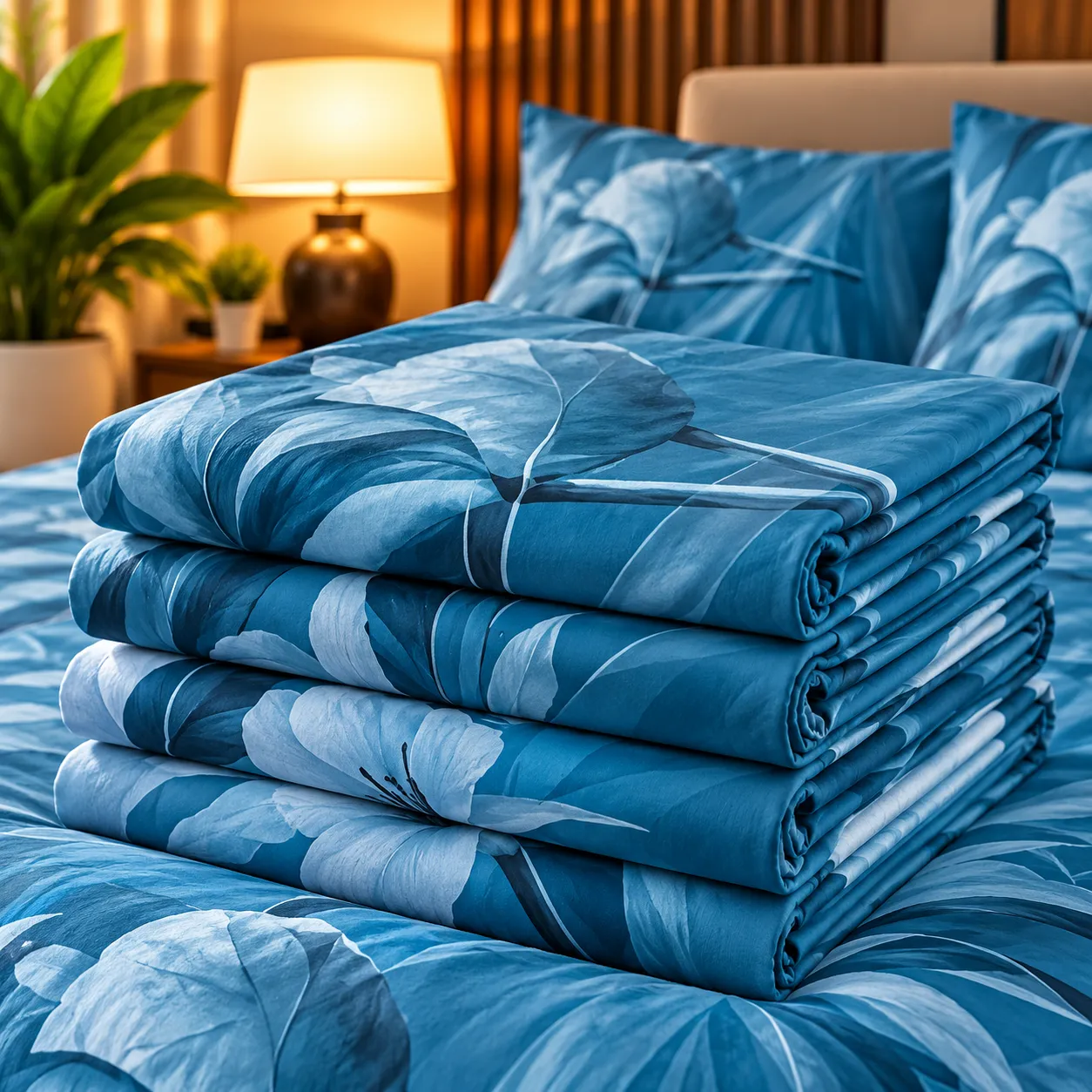 Ensemble Draps + Taies Floral Bleu Premium