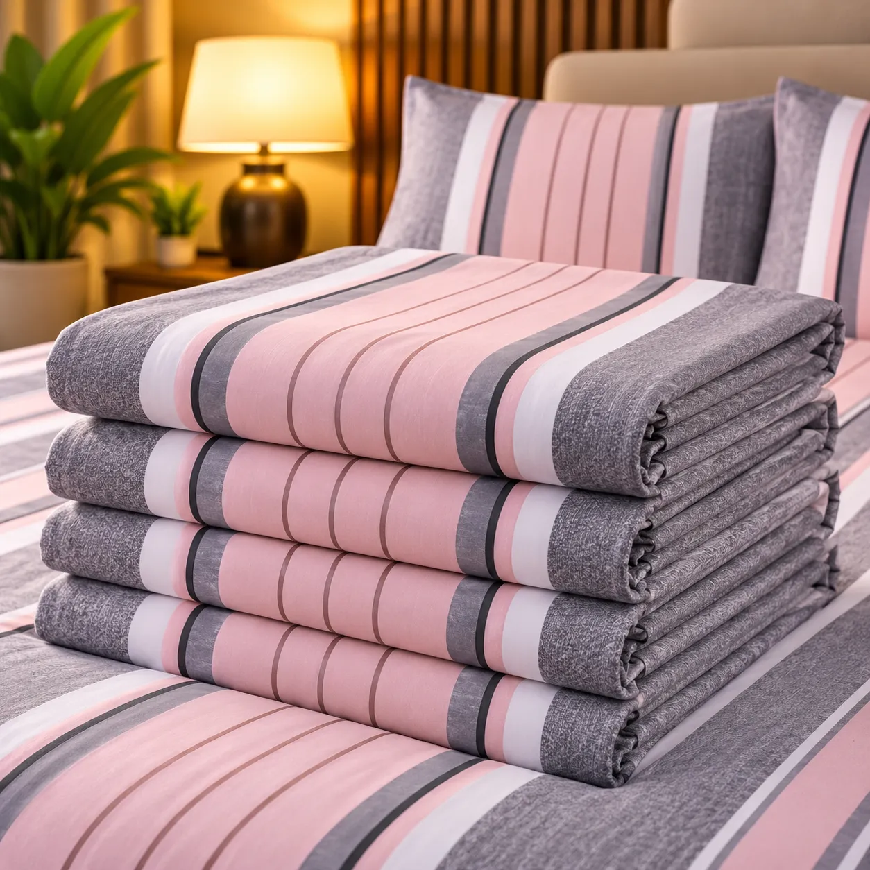 Ensemble Draps + Taies Rose & Gris à Rayures – Élégance Premium