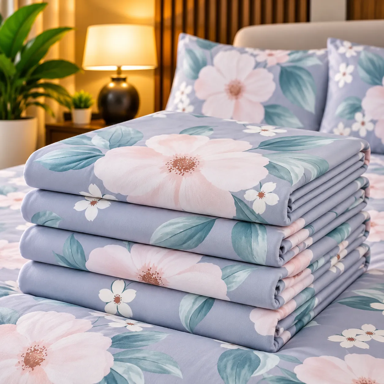 Ensemble Draps + Taies Floral Rose & Bleu Lavande – Douceur Premium