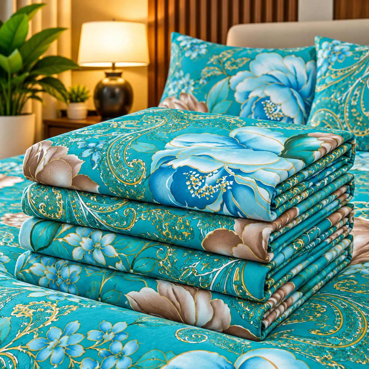 Ensemble Draps + Taies Floral Turquoise & Doré – Élégance Premium